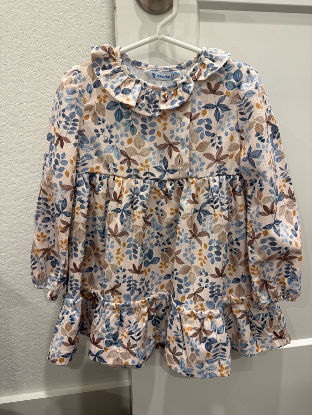 Mayoral Floral Ruffle-Collar Long Sleeve Top - Blue, Brown & Yellow